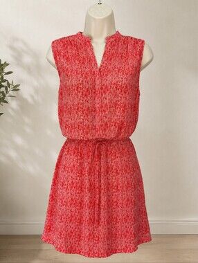Hilary Radley Sleeveless Fit Flare Dress Coral White Tie Waist Size 4